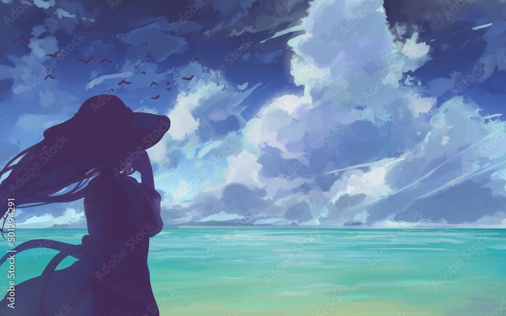 女の人と海と青空Stock Illustration | Adobe Stock