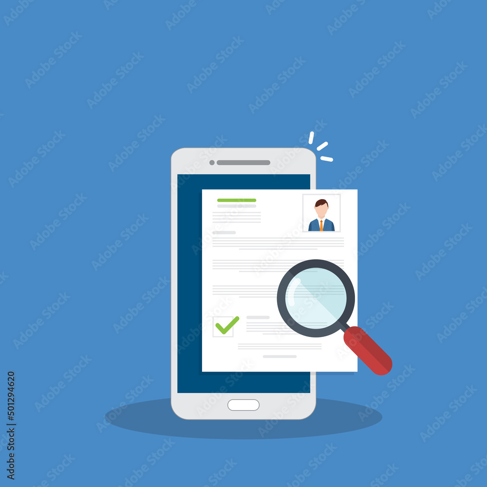 Online resume analysis, use phone and magnifying glass to view recruitment resume, concept of recruitment and human resources Online resume analysis, use phone and magnifying glass to view recruitment resume, concept of recruitment and human resources