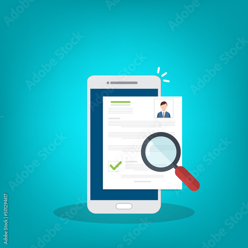 Online resume analysis, use phone and magnifying glass to view recruitment resume, concept of recruitment and human resources