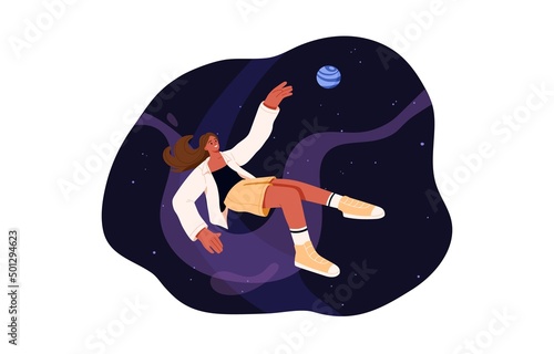 Person flying in cosmos, exploring universe. Woman floating in space, galaxy, traveling among planets, stars. Astronomy tourist, explorer concept. Flat vector illustration isolated on white background