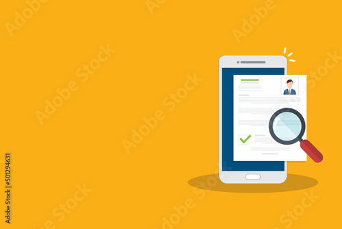 Online resume analysis, use phone and magnifying glass to view recruitment resume, concept of recruitment and human resources