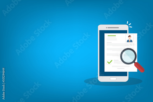 Online resume analysis, use phone and magnifying glass to view recruitment resume, concept of recruitment and human resources