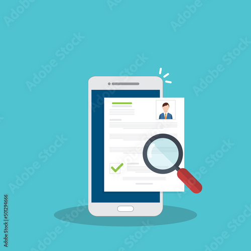 Online resume analysis, use phone and magnifying glass to view recruitment resume, concept of recruitment and human resources