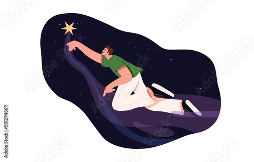 Person flying in space, finding star. Aspiration, inspiration concept. Inspired man achieving big dream, aim. Male floating in cosmos, universe. Flat vector illustration isolated on white background