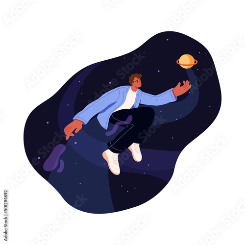 Person dreaming, flying in cosmos, exploring space, planets. Man explorer floating in universe, galaxy, traveling, studying. Astronomy concept. Flat vector illustration isolated on white background