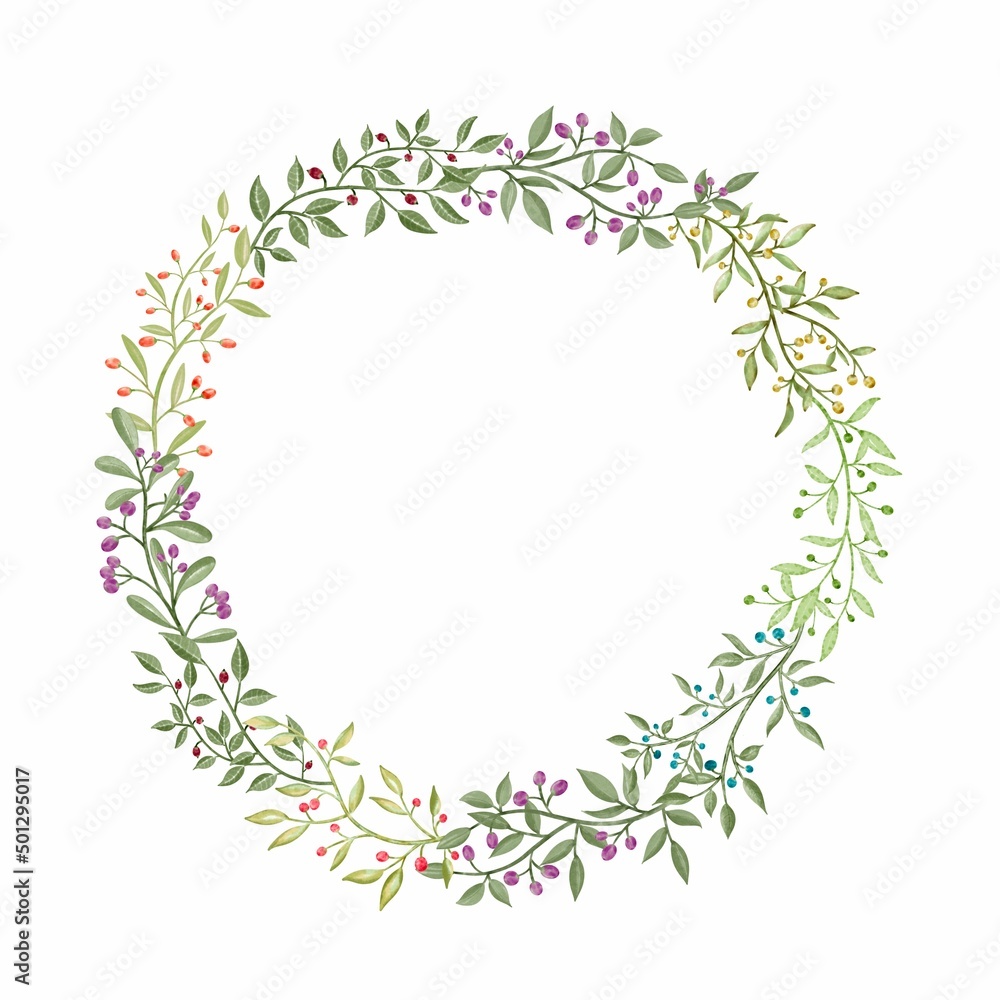 Watercolor wreath with twig branch and abstract leaves of flowers, leaves, branches, Botanic .illustration isolated on white background.. Watercolor wreath with twig branch and abstract leaves of flowers, leaves, branches, Botanic .illustration isolated on white background..