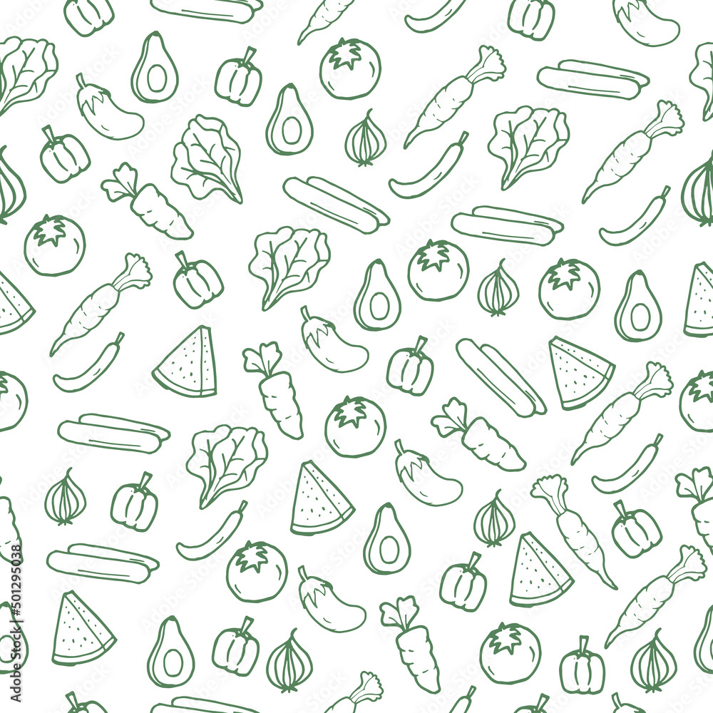 fresh fruit and vegetable icon. seamless pattern with fruit and vegetable isolated on white background. eggplant, lettuce, cucumber, tomato, paprika, chilli, onion, carrot, watermelon, and avocado.