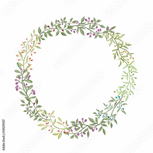 Watercolor wreath with twig branch and abstract leaves of flowers, leaves, branches, Botanic .illustration isolated on white background.. © kraifreedom