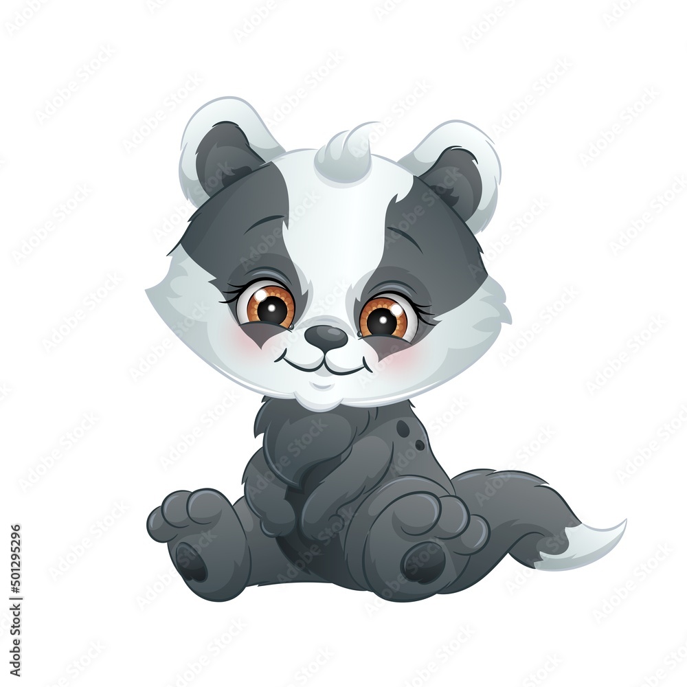 Obraz premium Baby badger, vector illustration. Cute woodland animal, isolated on white background.