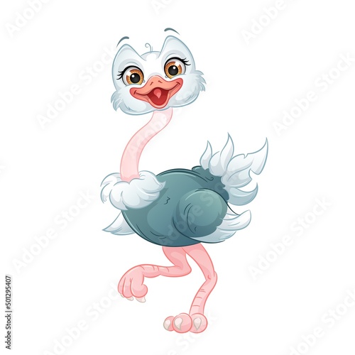 Cute ostrich vector illustration. Cartoon baby animal, white background.