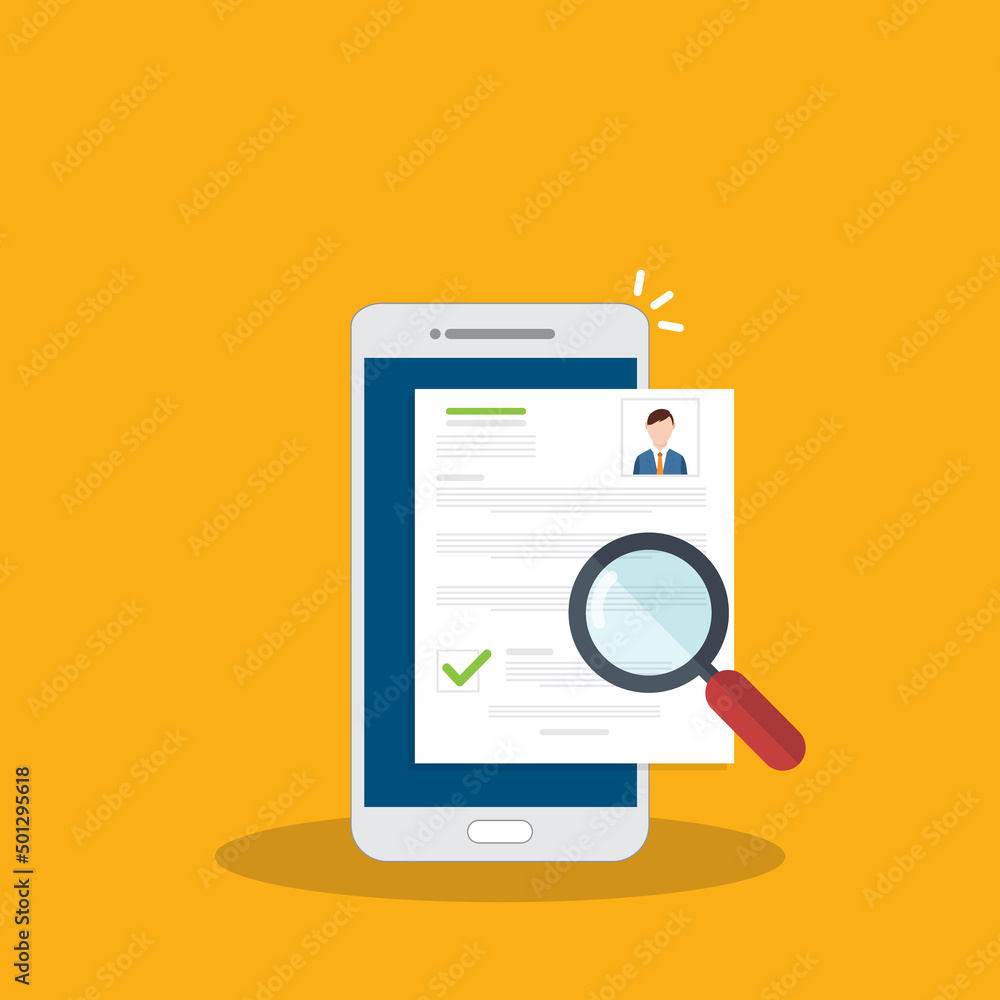 Online resume analysis, use phone and magnifying glass to view recruitment resume, concept of recruitment and human resources Online resume analysis, use phone and magnifying glass to view recruitment resume, concept of recruitment and human resources