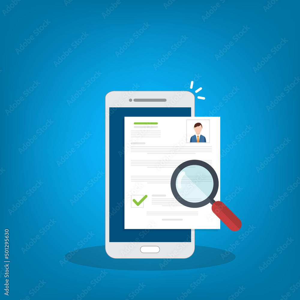 Online resume analysis, use phone and magnifying glass to view recruitment resume, concept of recruitment and human resources Online resume analysis, use phone and magnifying glass to view recruitment resume, concept of recruitment and human resources