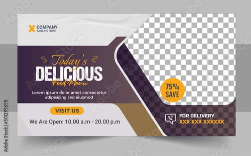 Modern fast food business promotion web banner template design, Restaurant healthy burger online sale social media marketing cover or web banner