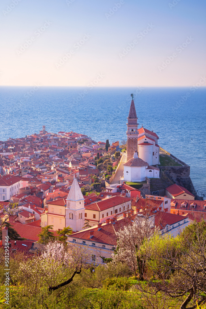 Piran, Slovenia. Aerial cityscape image of beautiful Piran, Slovenia at spring sunset.