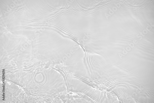 Desaturated transparent clear water surface texture with ripples, splashes Abstract nature background. White-grey water waves overlay Copy space, top view. Cosmetic moisturizer micellar toner emulsion