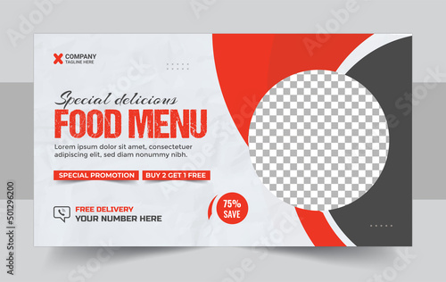 Fast food restaurant menu social media marketing web banner template design. Pizza, burger & healthy food business online promotion flyer with abstract background