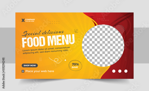 Fast food business promotion web banner template design. Restaurant healthy burger online sale social media marketing cover or web banner