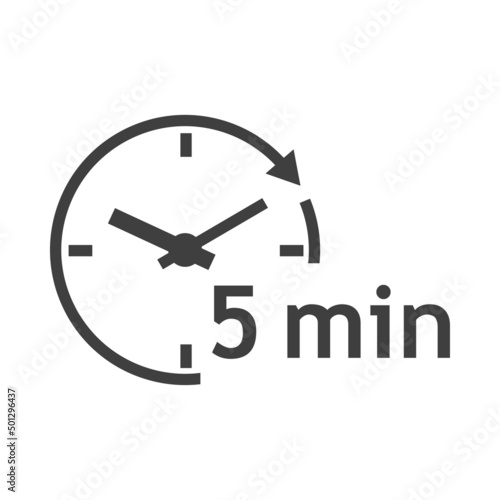 Logo con texto 5 min con silueta de esfera de reloj simple con líneas con forma de flecha en círculo en color gris