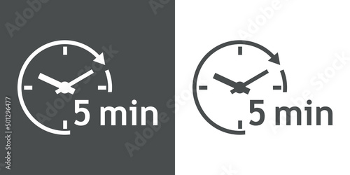 Logo con texto 5 min con silueta de esfera de reloj simple con líneas con forma de flecha en círculo en fondo gris y fondo blanco photo