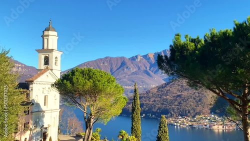 Wallpaper Mural Mountain View and Church San Simone and Fedele with Tree on Lake Lugano in Vico Morcote in Ticino, Switzerland. Torontodigital.ca