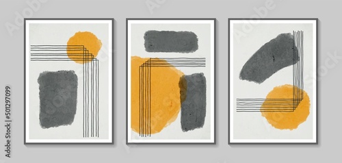 Collection of vector abstract wall art. Boho color organic shape. Artistic design for poster, print, cover, wallpaper, minimalistic and natural wall art. Vector illustration with grunge texture.