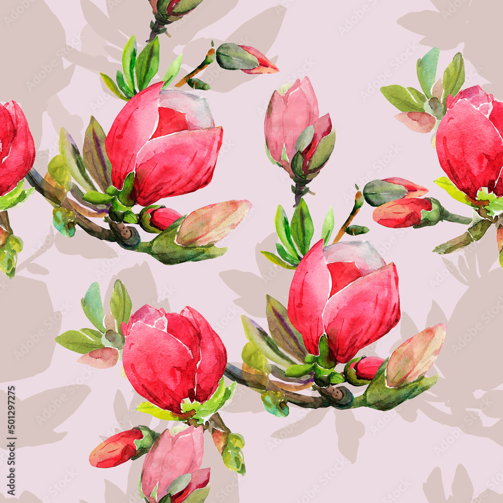 Seamless pattern of magnolia branches.Image on a white and color background.