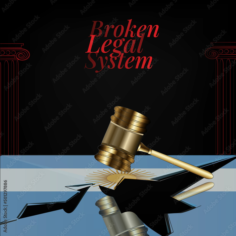 Argentina's broken legal system concept art.Flag of Argentina and a gavel