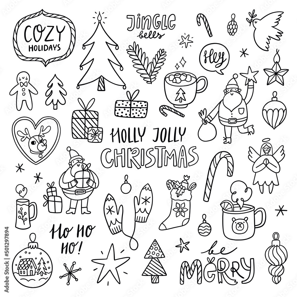 Holly Jolly Christmas outline doodles, vector clip art