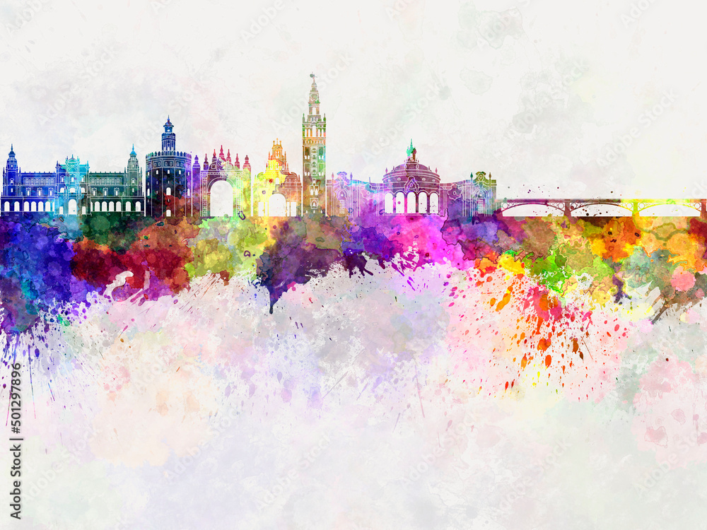 Fototapeta premium Seville skyline in watercolor background