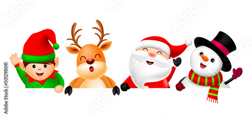 Bild auf Leinwand Cute cartoon Christmas characters, Santa claus, snowman, Reindeer and little elf