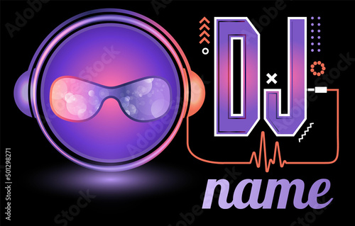 Dj Logo Design. Creative vector logo design with headphones and DJ with glasses. Music logotype template. For accessory, brand, identity, logotype, company, shop, dj party. Black background. Mp3 sign.