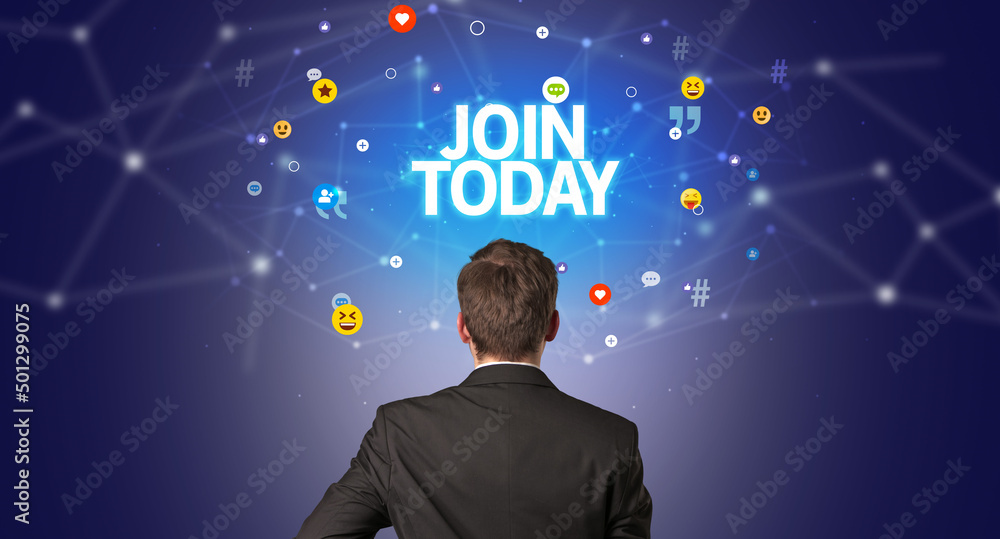 Rear view of a businessman, social media concept Rear view of a businessman, social media concept