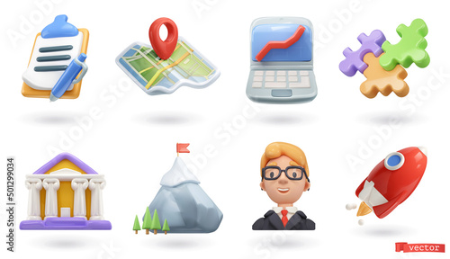 Business, icon set. Clipboard, map, laptop, puzzle, bank, mountain, businessman, rocket. 3d render vector