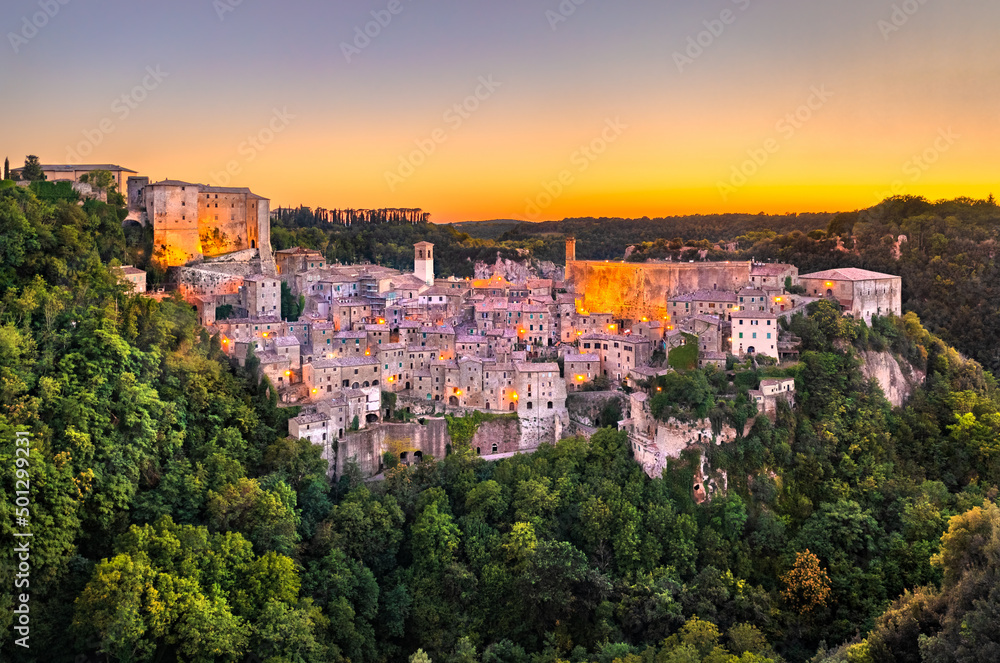 Aerial view of Sorano, a town in the province of Grosseto, southern Tuscany, Italy