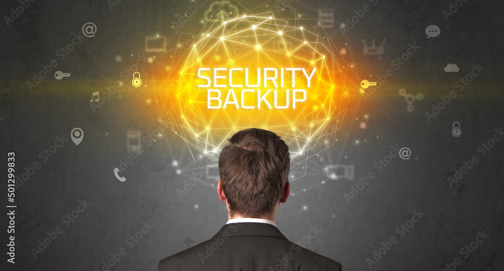 Rear view of a businessman, online security concept Rear view of a businessman, online security concept