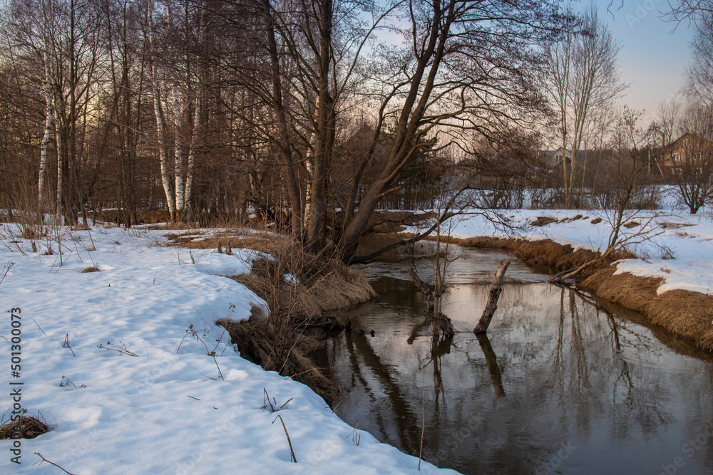 Evening spring landscape. Awakening of nature after winter. Charming evening landscape in early spring. Melting ice and snow. Evening spring landscape. Awakening of nature after winter. Charming evening landscape in early spring. Melting ice and snow.