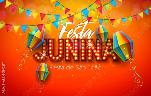 Festa Junina Illustration with Party Flags, Paper Lantern and Light Bulb Billboard Letter on Yellow Background. Vector Brazil Sao Joao June Festival Design for Greeting Card, Banner or Holiday Poster.