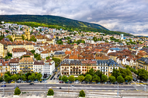 Aerial view of Neuchatel with a church in Switzerland