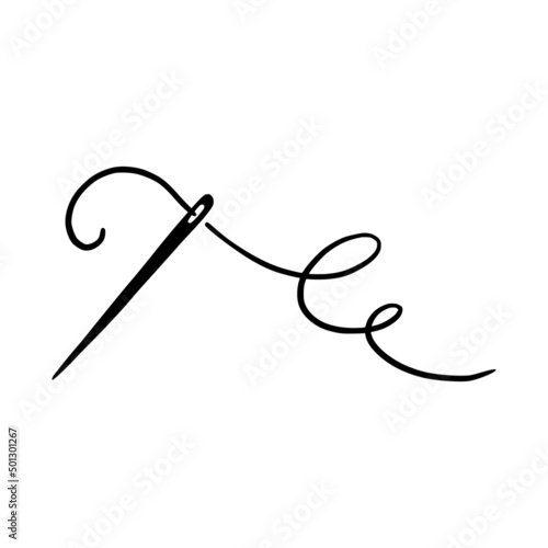Tailor needle with thread. Hand drawn doodle sketch style sewing needle element. Craft, embroidery tool for textile, sewing shop design. Vector illustration.