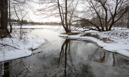 Flood. March evening by the river  the snow is melting. Evening in early spring. Trees are reflected in the water.