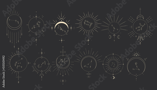 Set of decorative tarot cards. Vintage retro vintage engraving style. the sun, moon phases, crystals, magic symbols. print in the interior and design. vector graphics