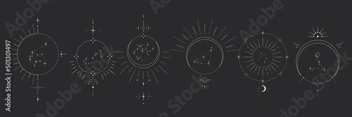 Set of decorative tarot cards. Vintage retro vintage engraving style. the sun, moon phases, crystals, magic symbols. print in the interior and design. vector graphics