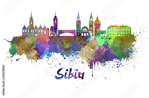 Sibiu skyline in watercolor photo