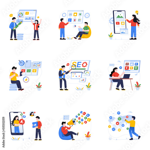 Trendy Set of Social Media Flat Illustrations