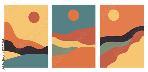 Collection of modern simple minimalist abstract landscapes: mountains, sun and lake