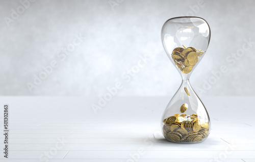 Billede på lærred Gold coin in the hourglass, Time is money concept