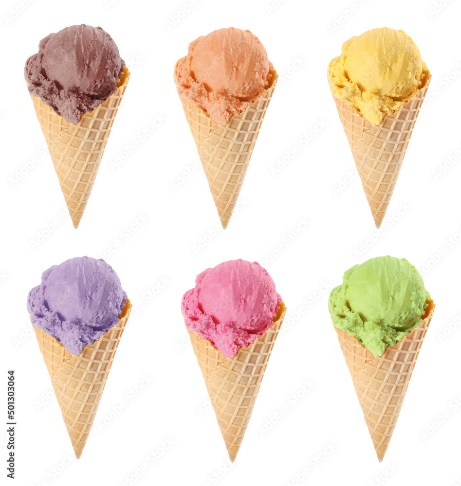 Set with different tasty ice creams in wafer cones on white background