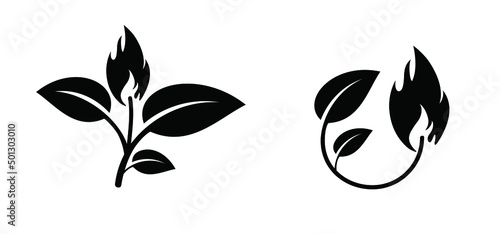 Cartoon biogas with fire flame and leaf icon or symbol. Natural energy. Sign for environment renewable industry. Ecology concept. leaves and plant. Leaf fire logo. Eco flames. Nature energy