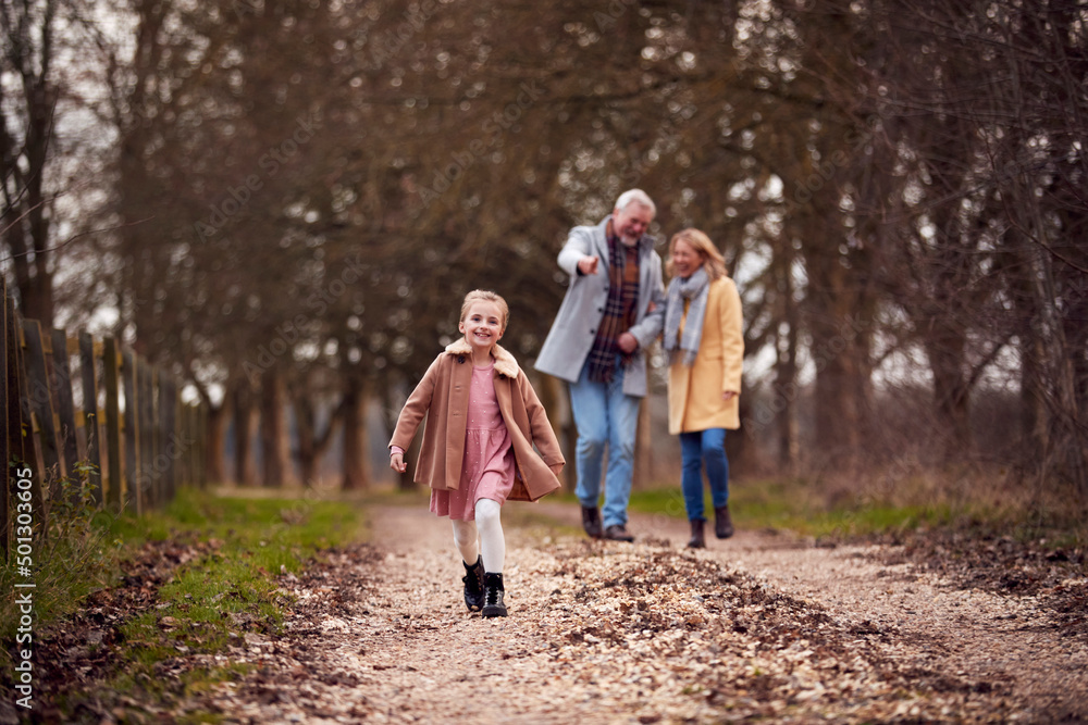 Fototapeta premium Grandparents With Granddaughter Outside Walking Through Winter Countryside
