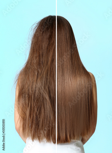 Woman before and after washing hair with moisturizing shampoo on turquoise background, collage
